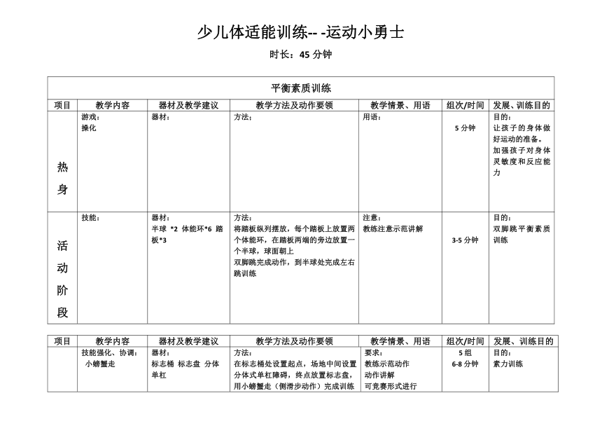 小学中年级课后服务 ：少儿体适能训练 运动小勇士4.3 教案（表格式）