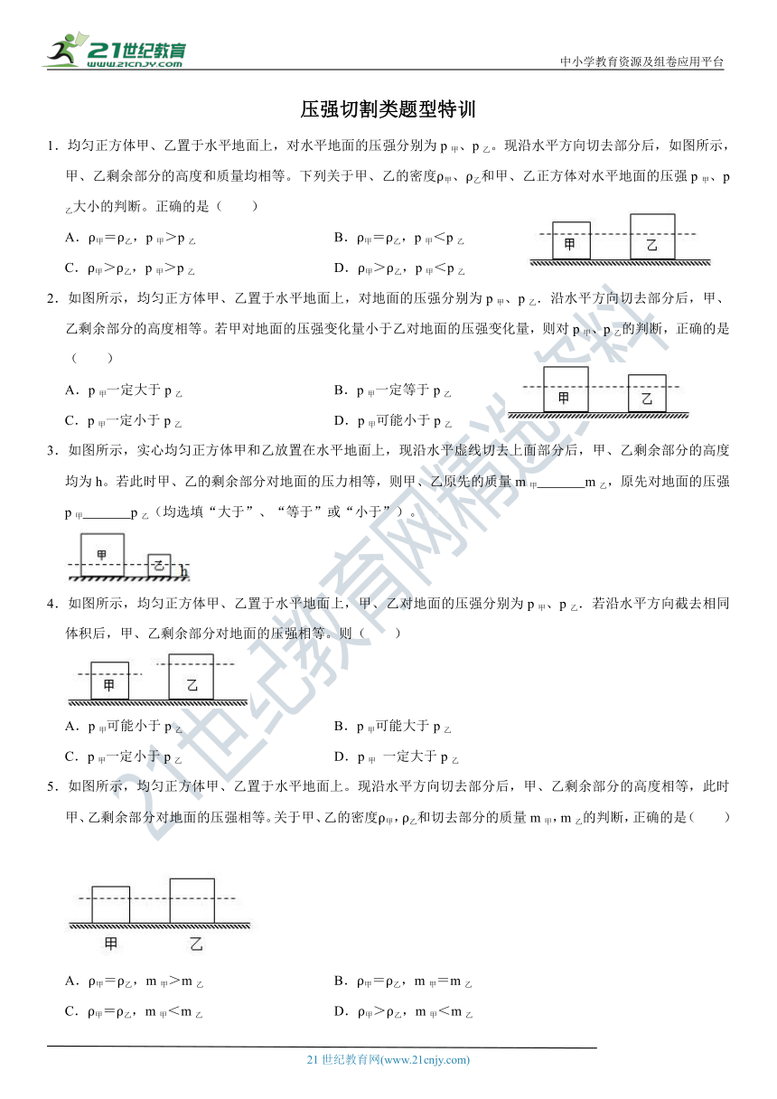 人教版初中物理八年级下册 压强切割类  专题训练 （含答案）