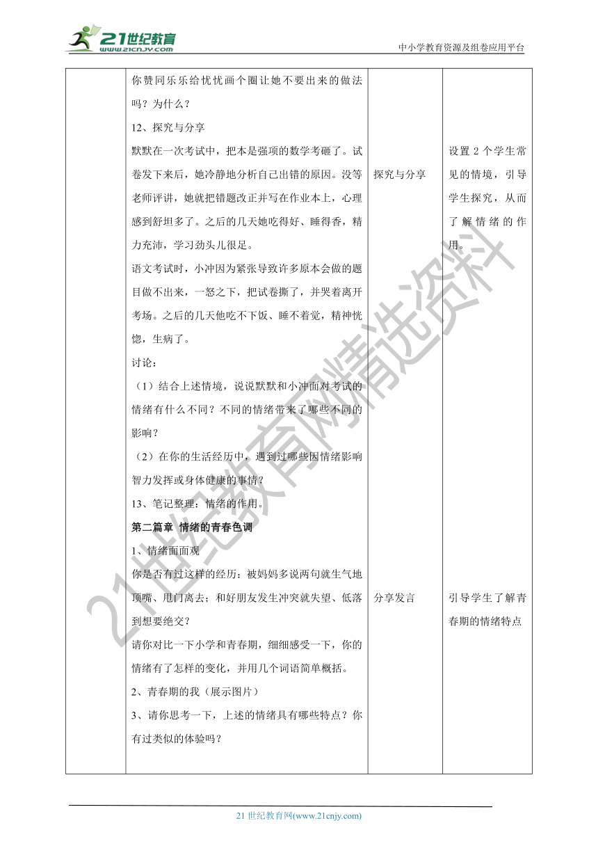 【核心素养目标】4.1青春的情绪 教案（表格式）