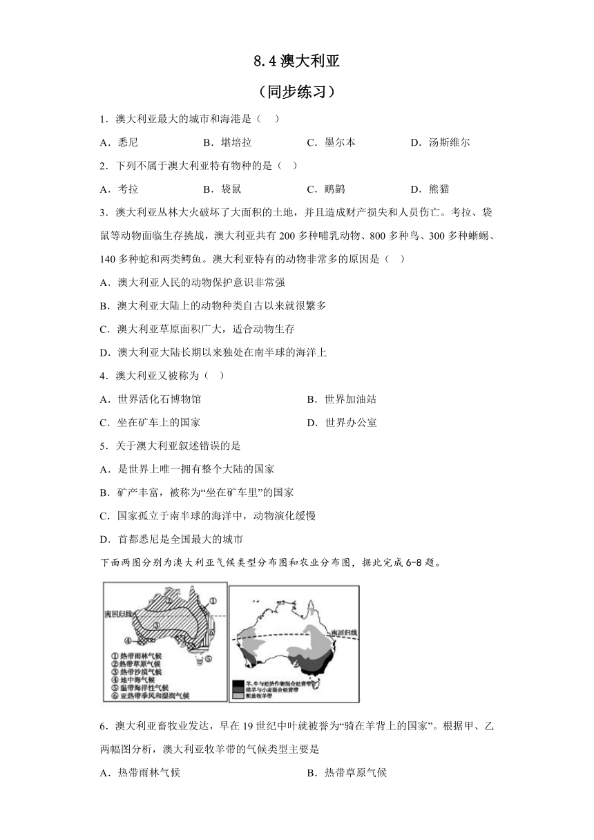 8.4澳大利亚 同步练习（含答案）2022-2023学年人教版地理七年级下册