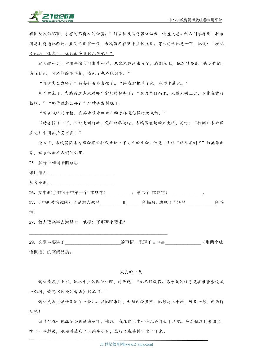 部编版小学语文六年级下册小升初现代文阅读拓展训练（二）（含答案）