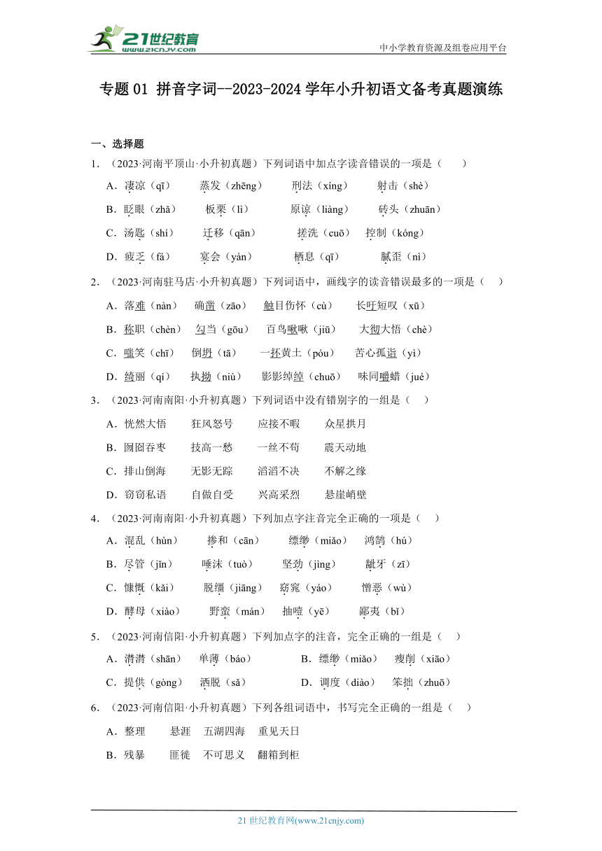 专题01 拼音字词--2023-2024学年小升初语文备考真题演练（含答案）