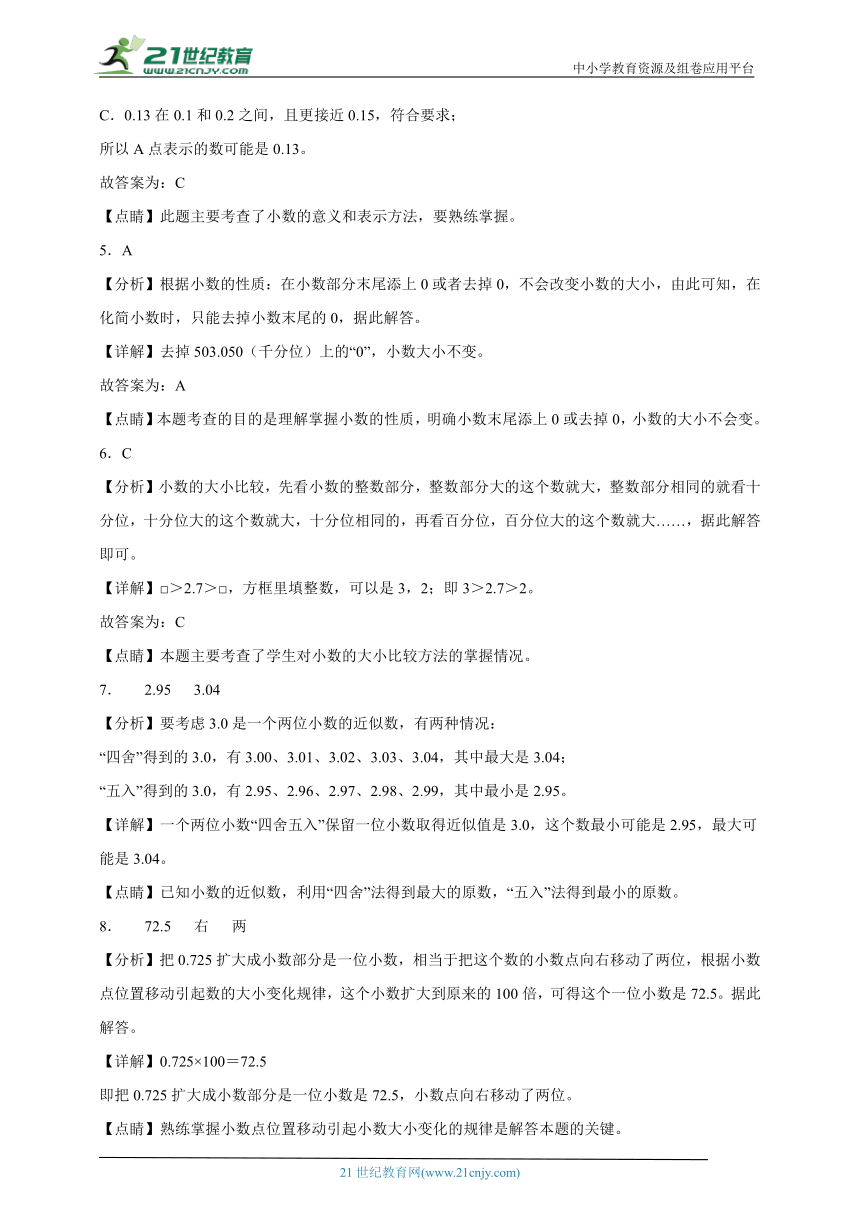 第4单元小数的意义和性质重难点检测卷（单元测试）-小学数学四年级下册人教版（含答案）