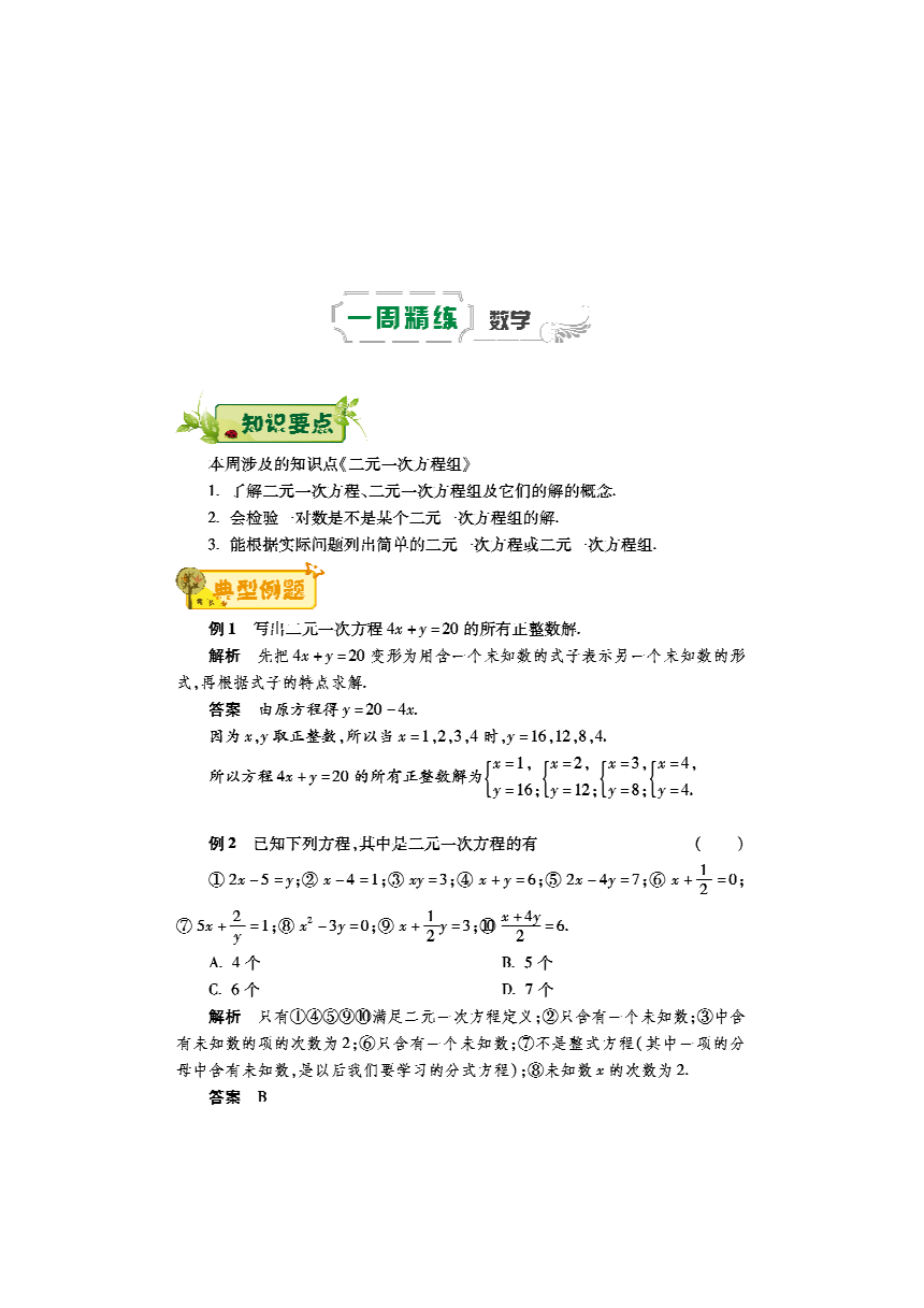 人教版七年级数学下册第十周辅导精练8.1二元一次方程组讲义（pdf版）