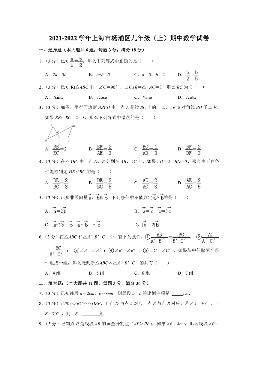 2021-2022学年上海市杨浦区九年级（上）期中数学试卷（Word版 含解析）