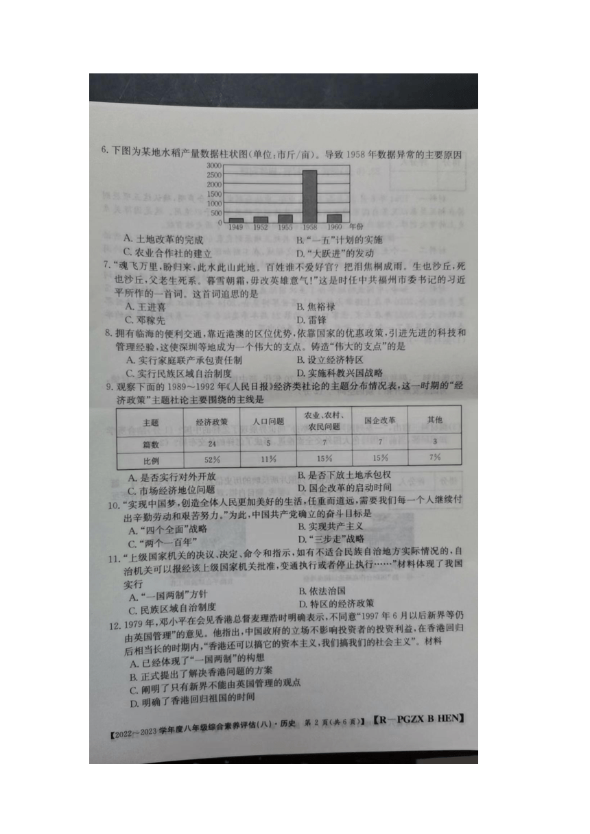 河南省商丘市民权县2022-2023学年部编版八年级下学期6月期末历史试题（图片版无答案 ）