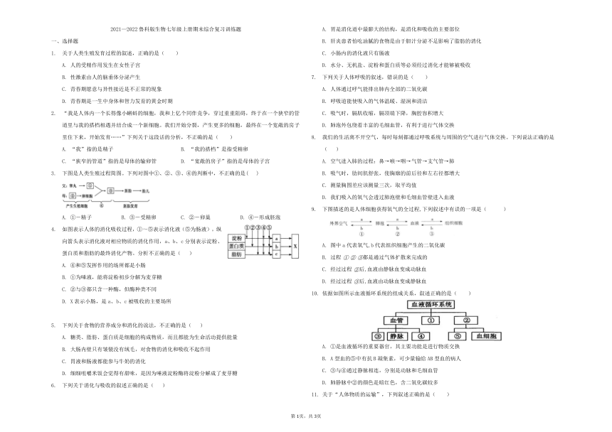 2021—2022学年鲁科版生物七年级上册  期末综合复习训练题（word版 无答案）