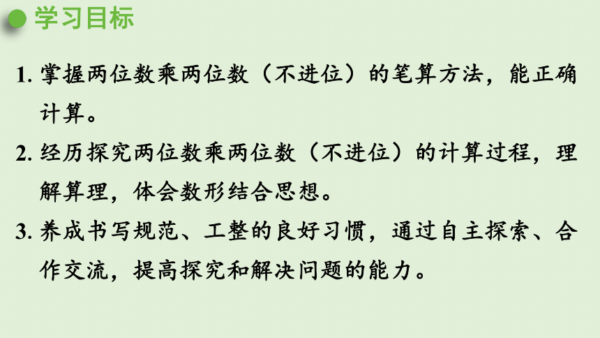 2021-2022学年 人教版数学三年级下册4.2.1两位数乘两位数（不进位）的笔算 课件(共28张PPT)