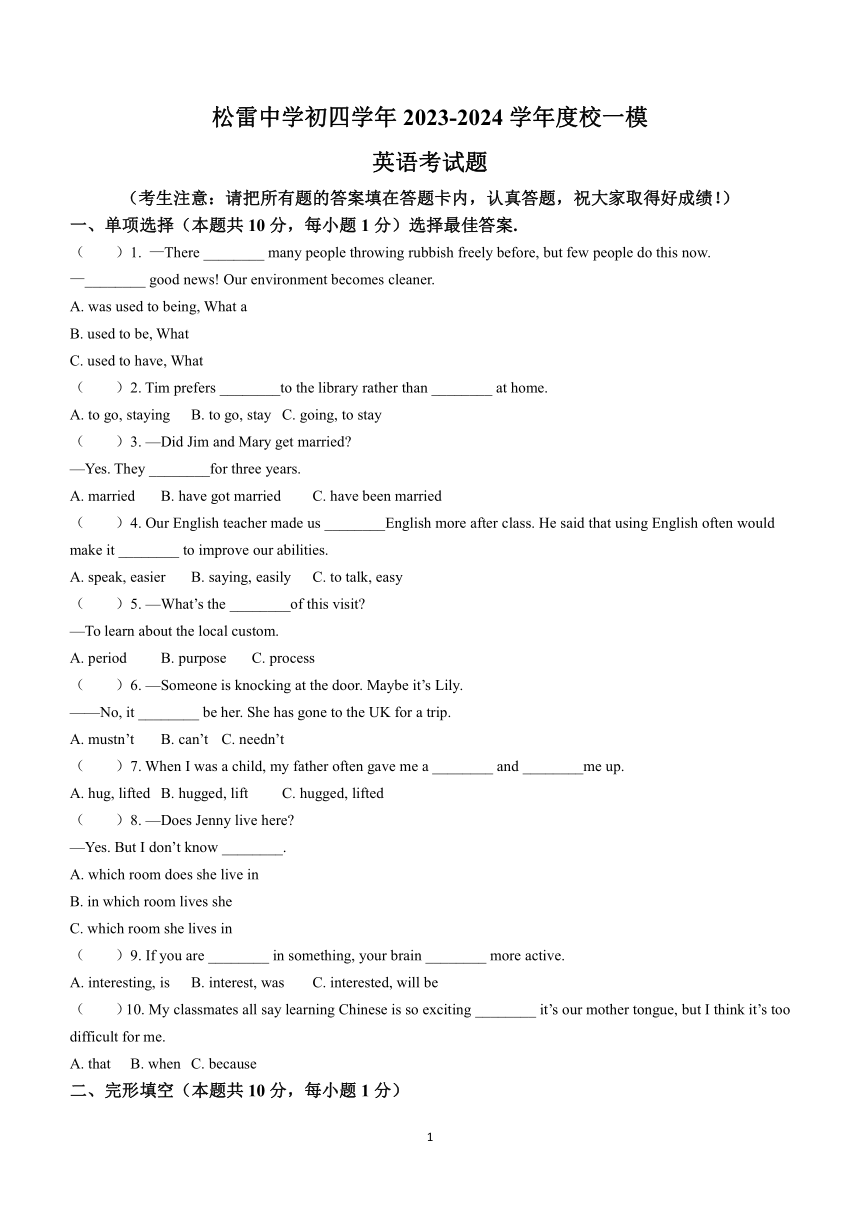 2024学年黑龙江省哈尔滨市松雷中学校中考一模英语试题（含答案）