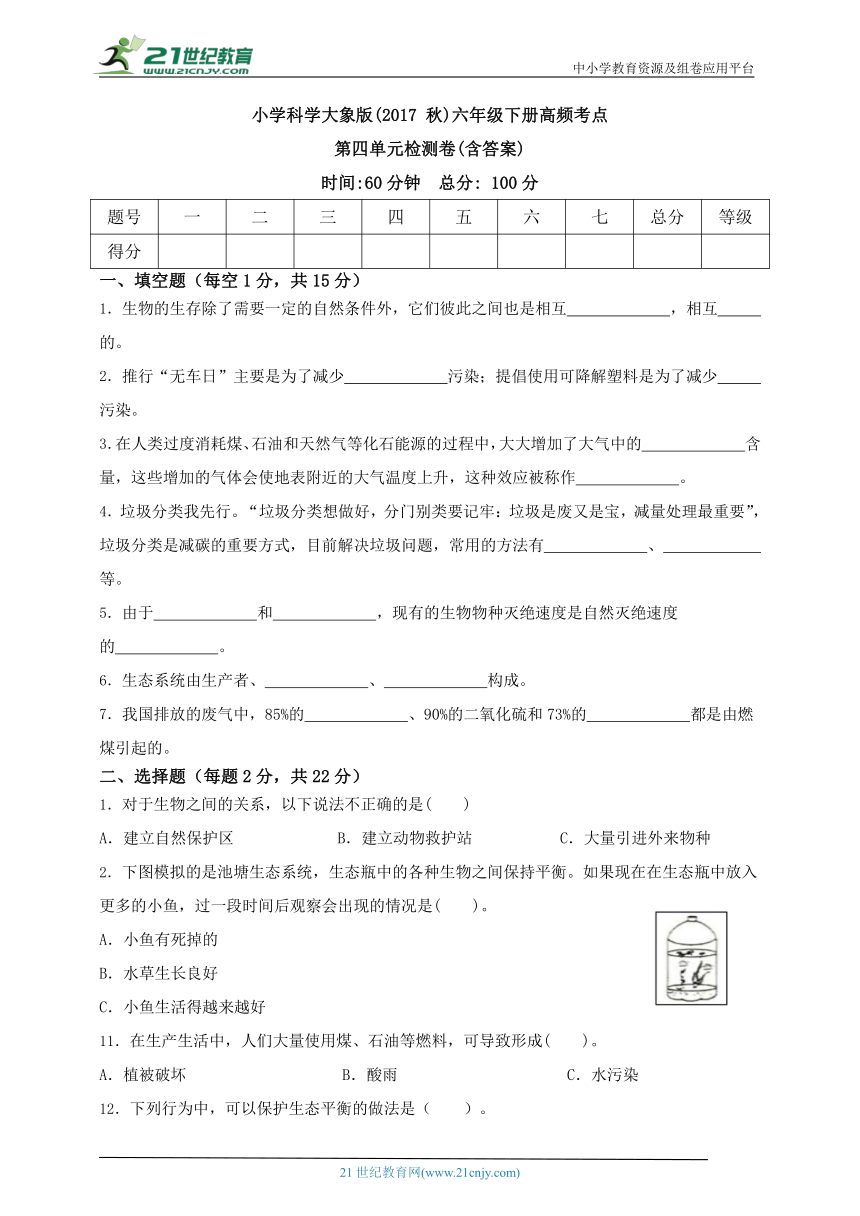 小学科学大象版(2017 秋)六年级下册高频考点第四单元检测卷(含答案)