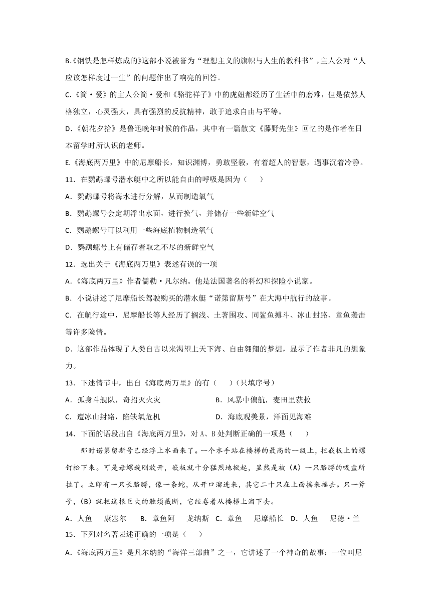 中考语文《海底两万里》名著导读练习题（Word版 含答案）