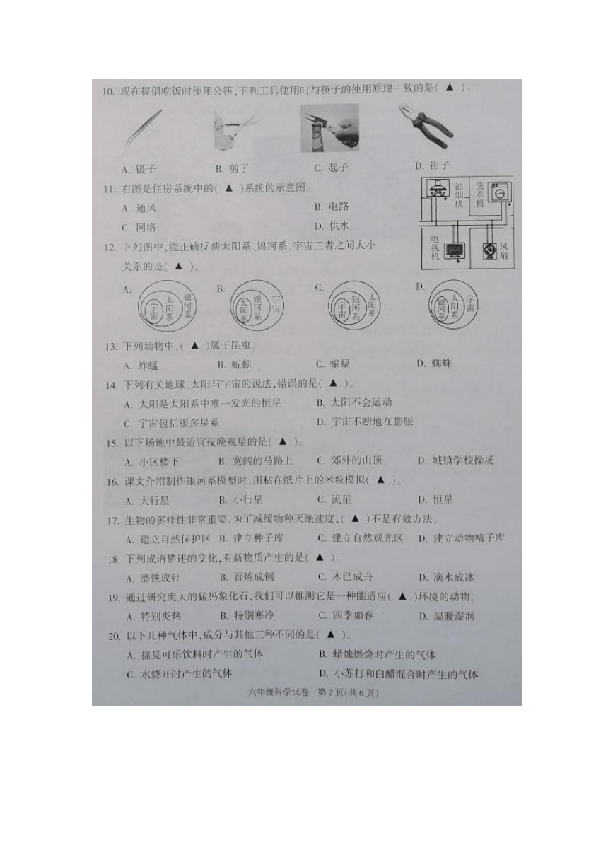 杭州市六年级科学上下册试卷（图片版无答案）