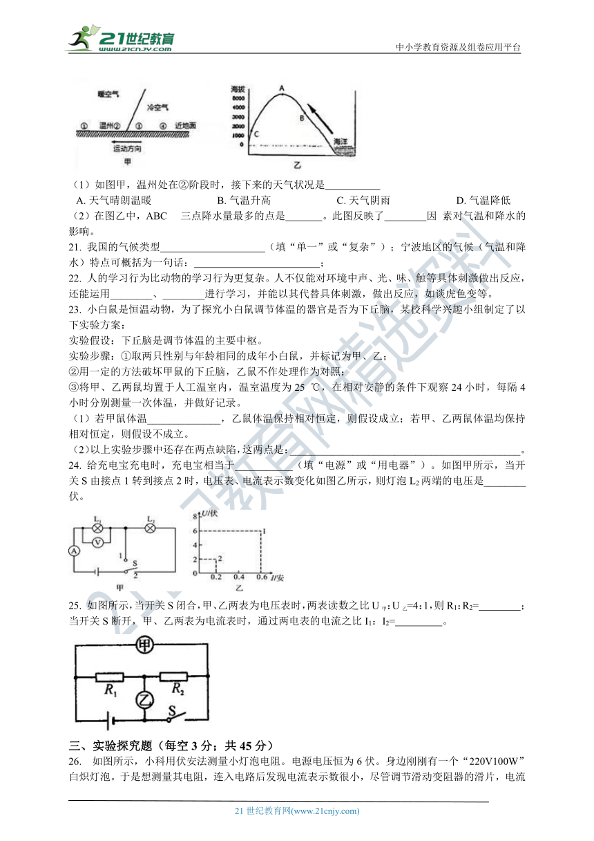 浙教版八上科学期末测试卷5 含解析（适用绍兴、台州）