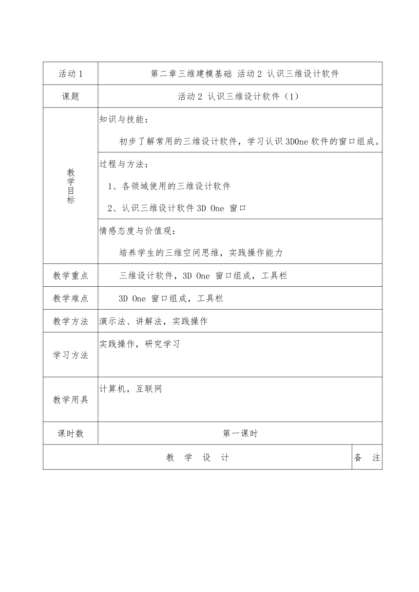 第二章三维建模基础 活动2 认识三维设计软件（第一课时）教案