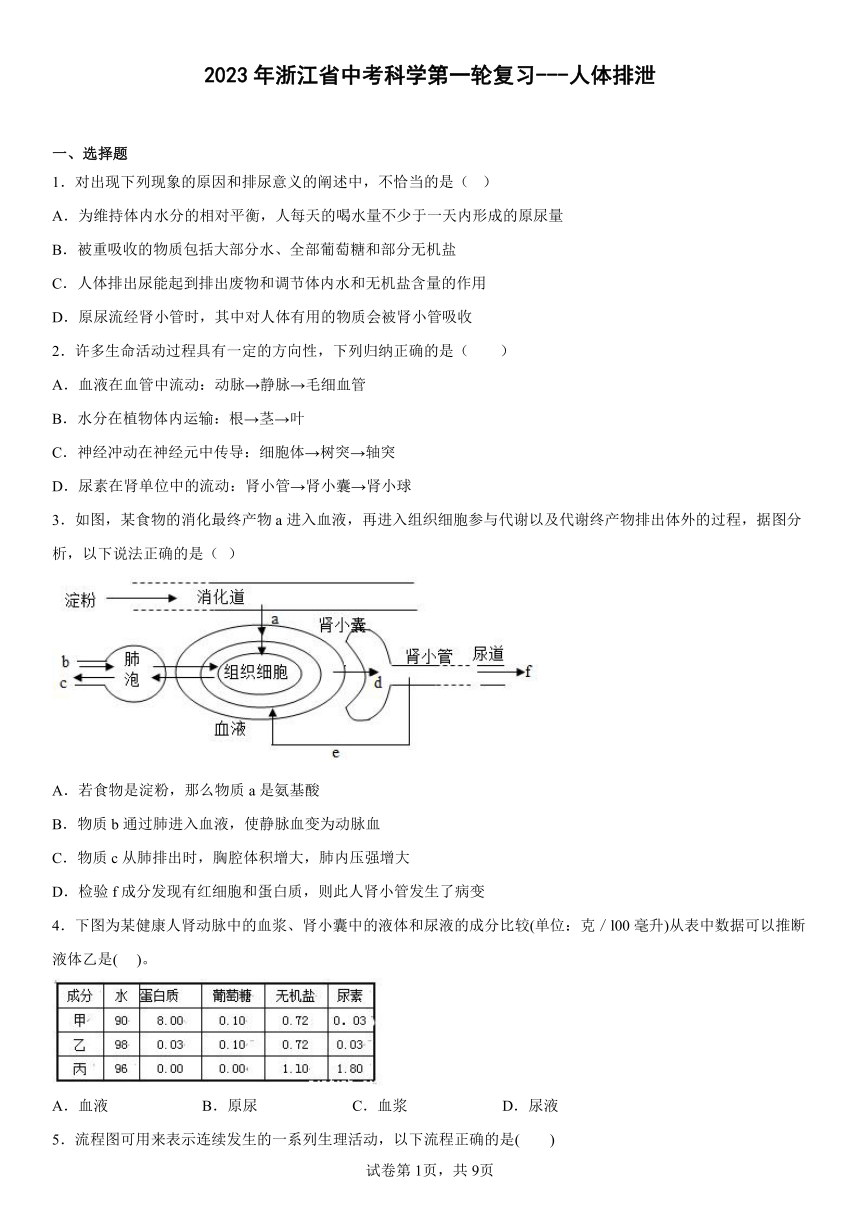 2023年浙江省中考科学第一轮复习---人体排泄（含答案）