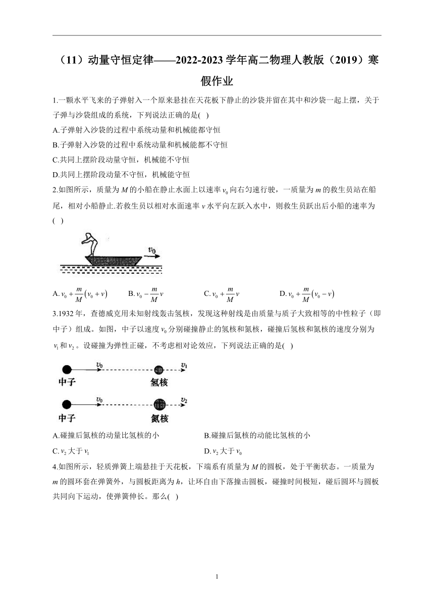 2022-2023学年高二物理人教版（2019）寒假作业 动量守恒定律（11）（含答案）