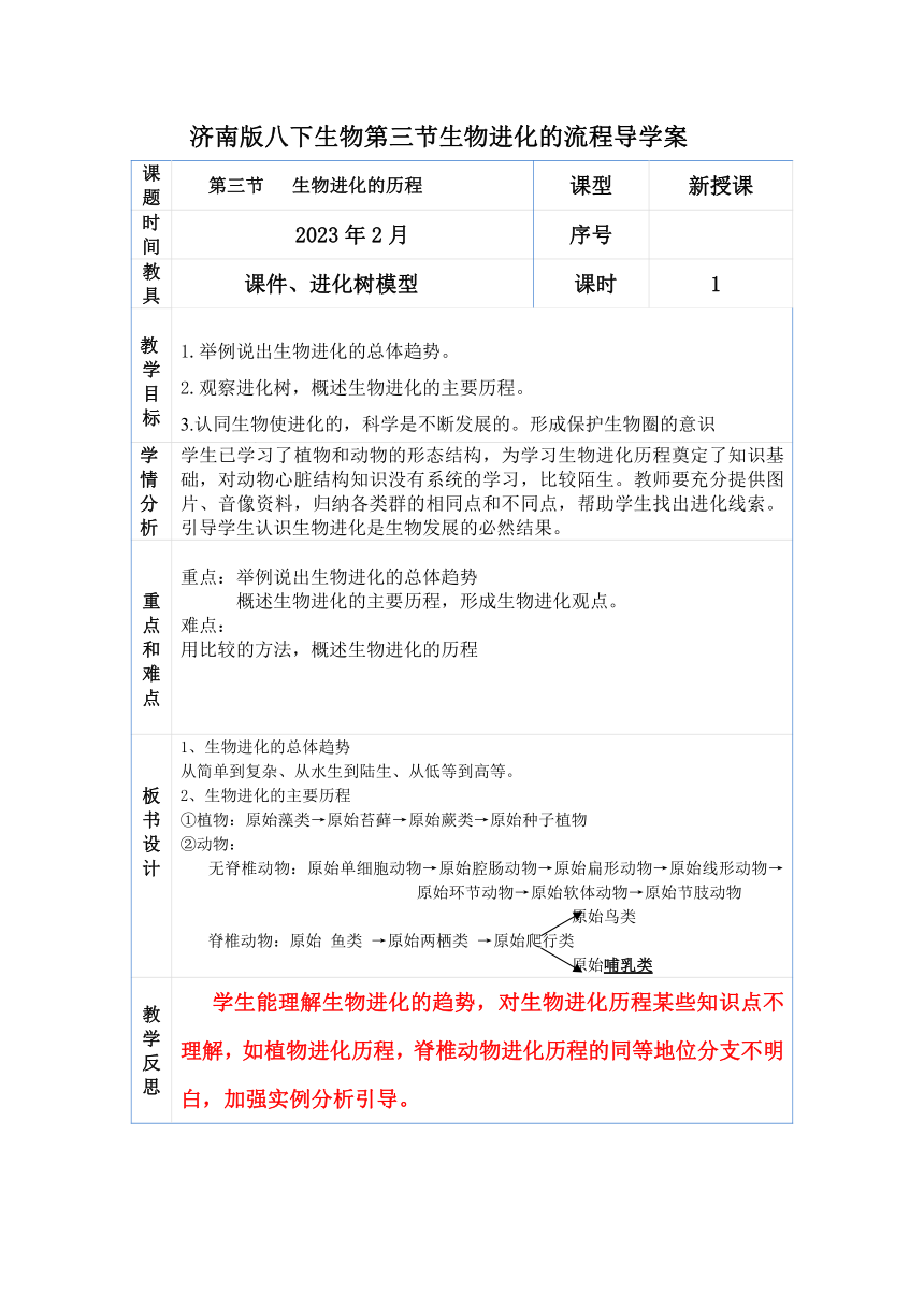 5.1.3 生物进化历程导学案（表格式无答案）2022--2023学年济南版生物八年级下册