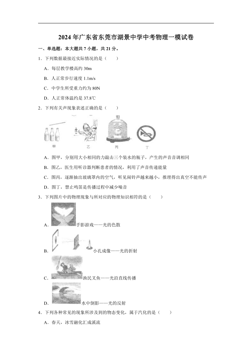 2024年广东省东莞市厚街湖景中学中考物理一模试卷（无答案）