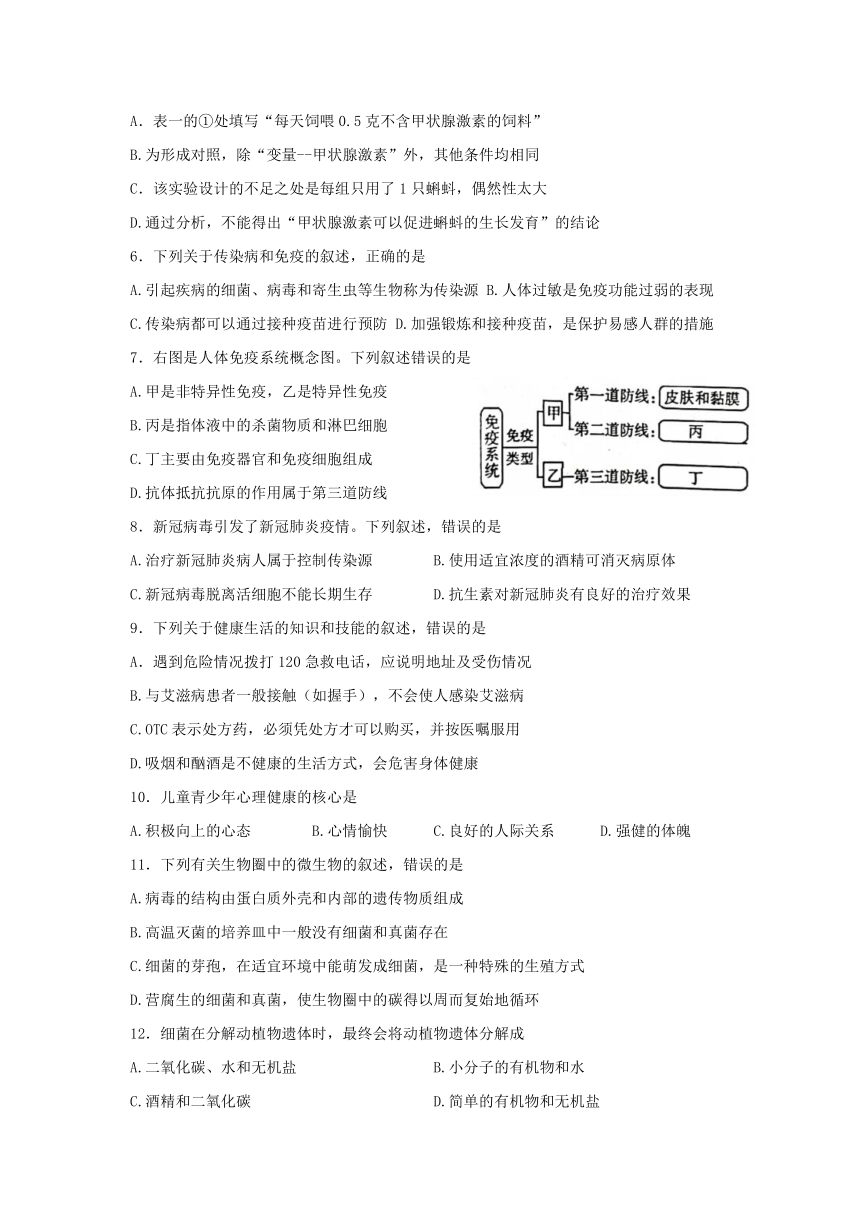 山东省泰安市东平县2021-2022学年七年级下学期期末质量检测生物试题（word版含答案）