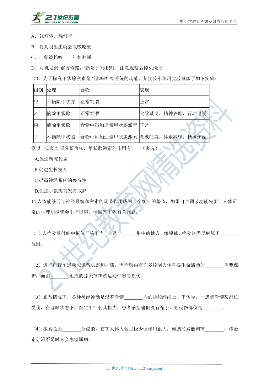 初中生物苏教版七年级下册4.12.2人体的神经调节 同步练习（含解析）