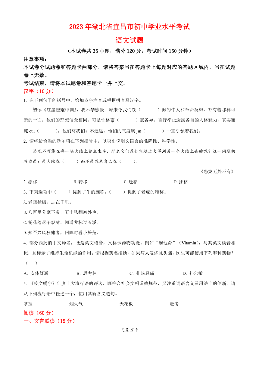 2023年湖北省宜昌市中考语文真题名师详解版 试卷