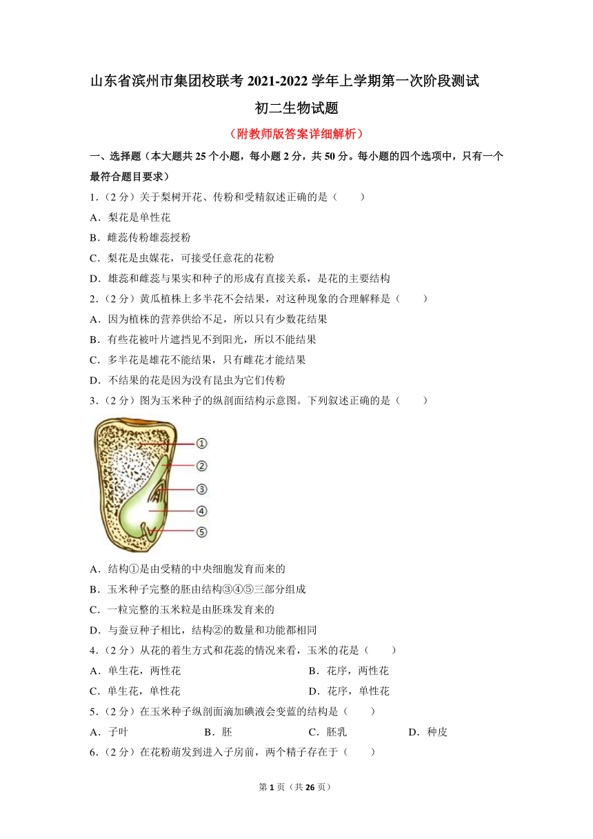 山东省滨州市集团校联考2021-2022学年八年级上学期第一次检测生物试题（word版含解析）