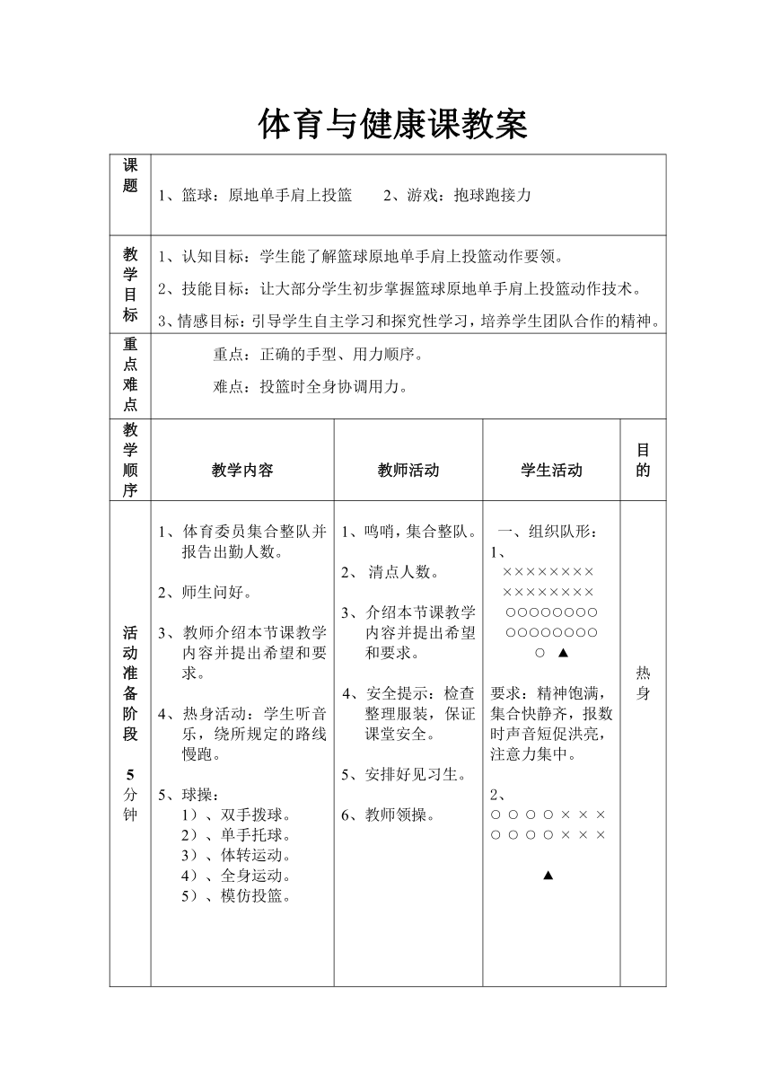 篮球：原地单手肩上投篮 游戏：抱球跑接力 教案（表格式） 高一上学期体育与健康人教版