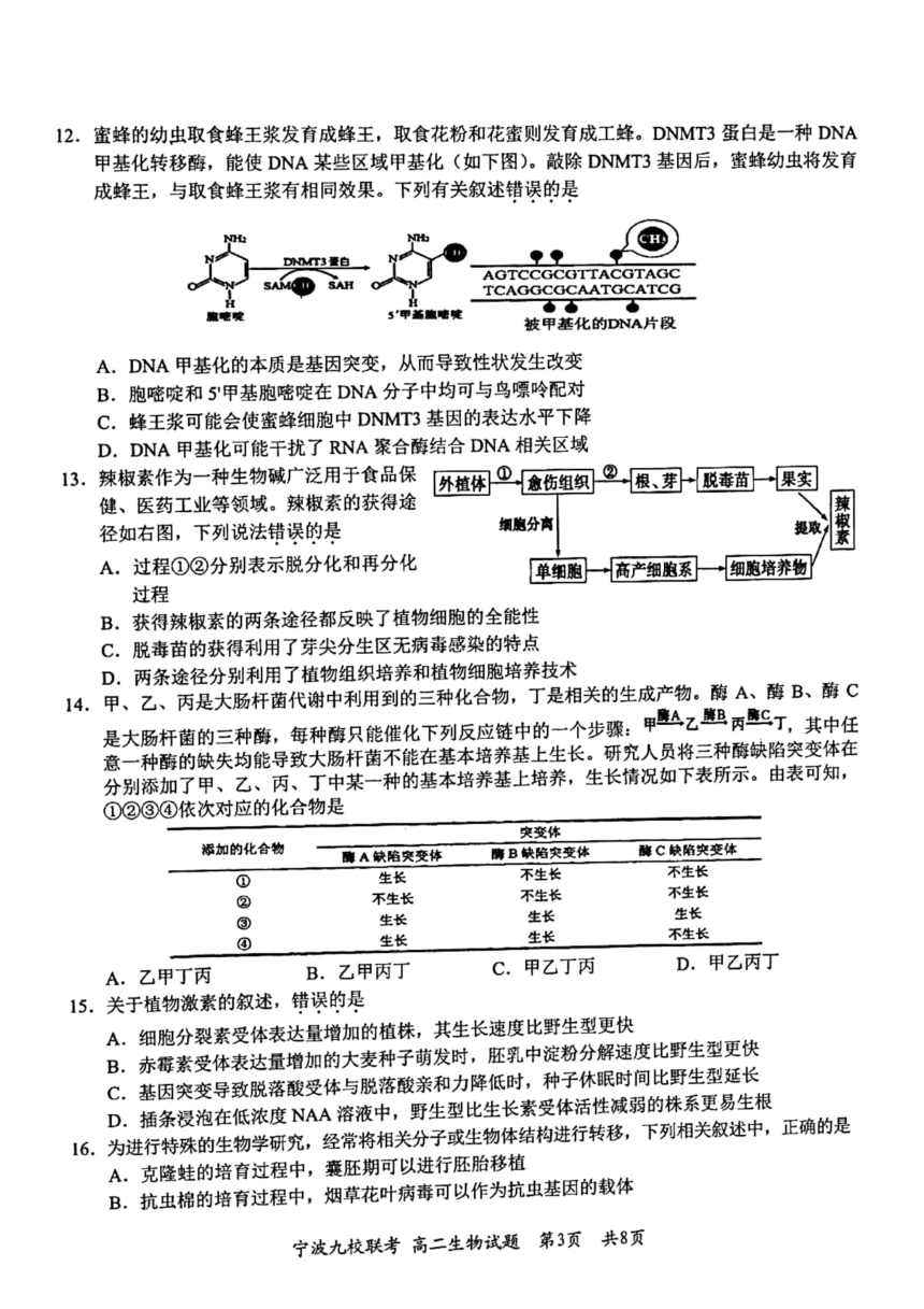 浙江省宁波市九校2021-2022学年高二下学期期末联考生物学试题（扫描版含答案）