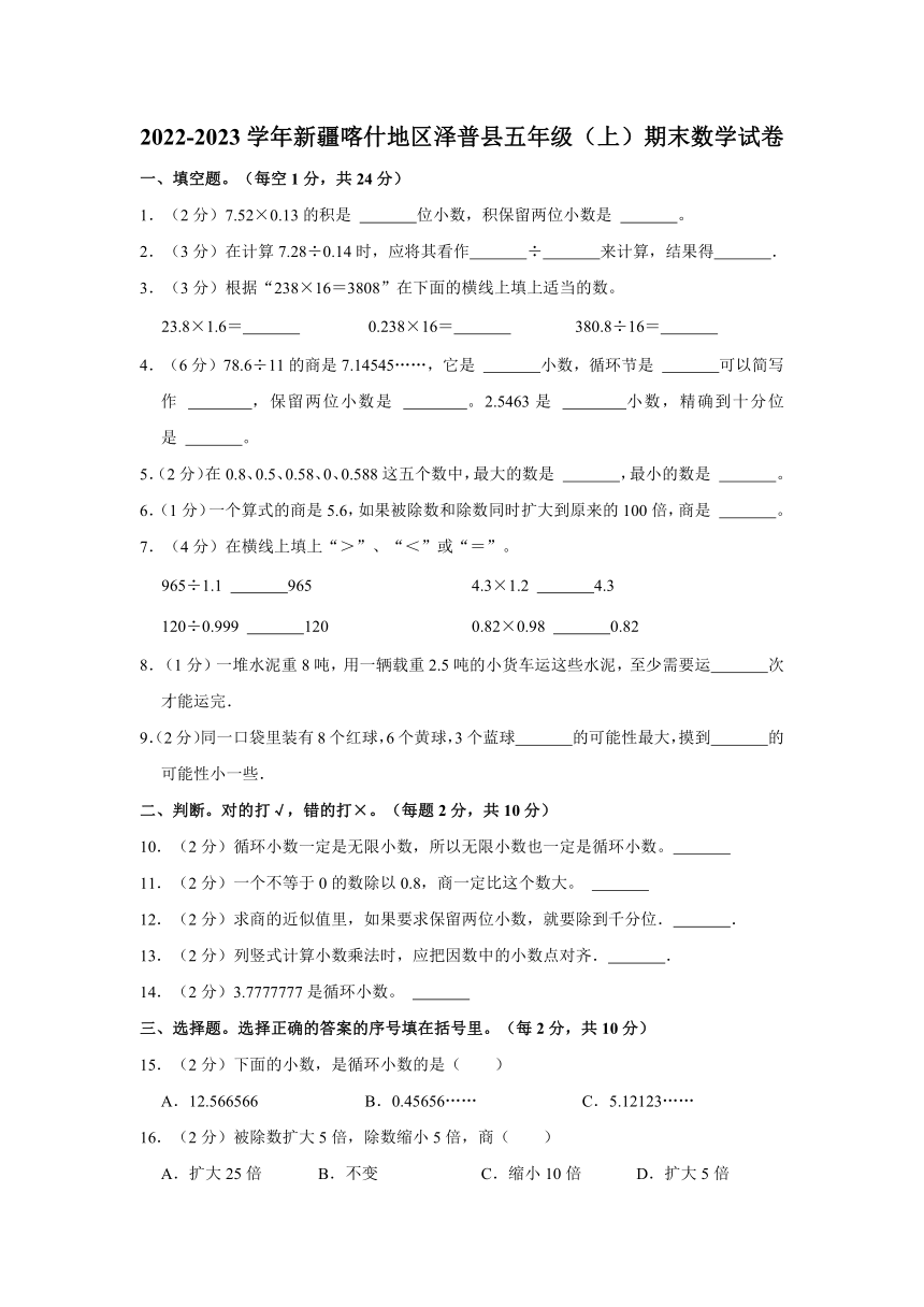 2022-2023学年新疆喀什地区泽普县五年级（上）期末数学试卷（含解析）