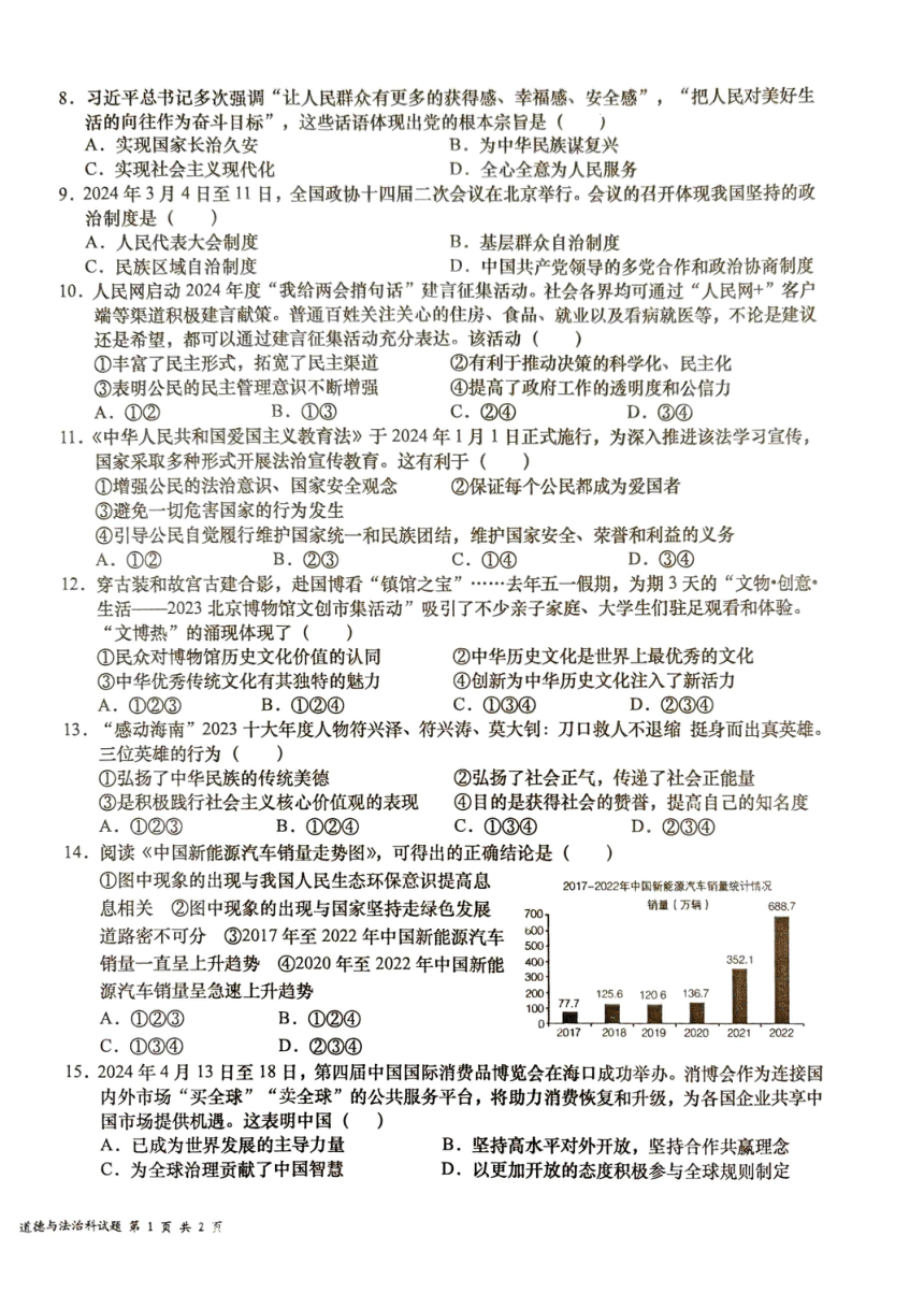 2024年海南省省直辖县级行政单位中考一模道德与法治试题（pdf版含答案）