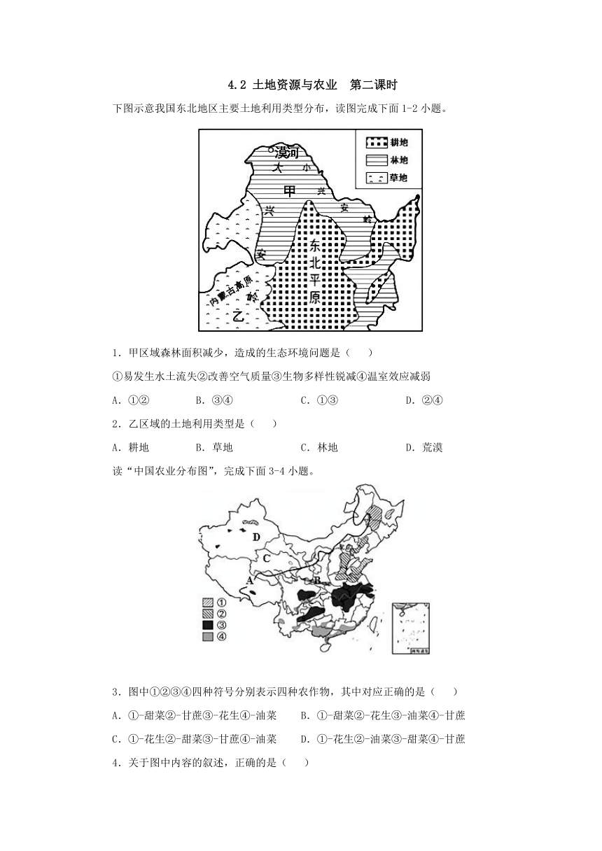 4.2 《土地资源与农业》第二课时课后作业（含解析）中图版七年级地理下册