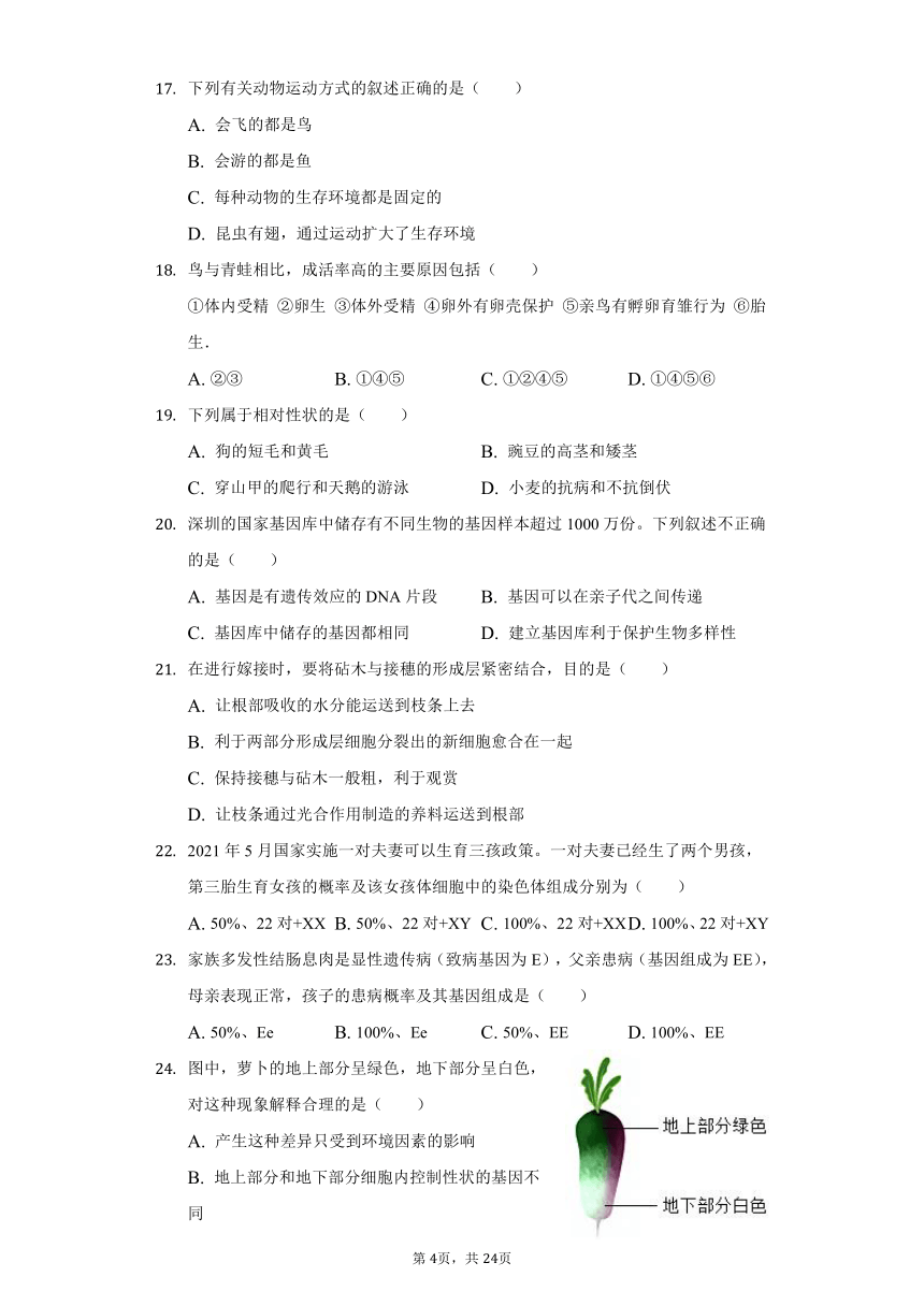 2021-2022学年广东省珠海市香洲区八年级（上）期末生物试卷（word版含解析）