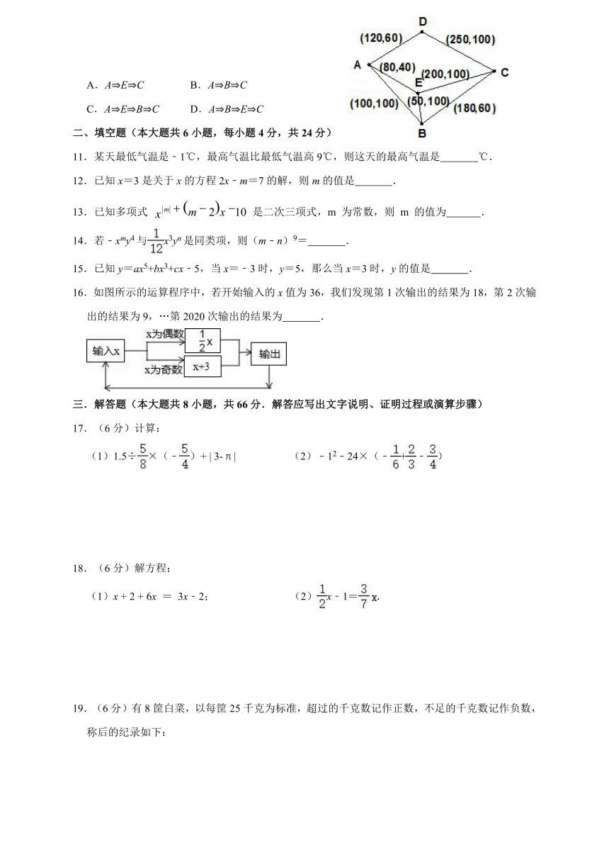 浙江省台州市椒江区2020-2021学年第一学期七年级数学期中考试试题（word版 含答案）