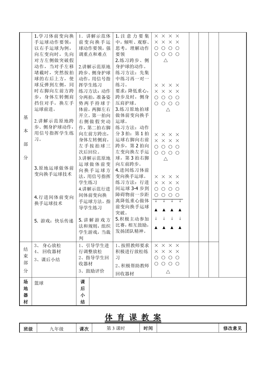 第四章篮球教学教案2021—2022学年初中体育与健康人教版九年级全一册（表格式）