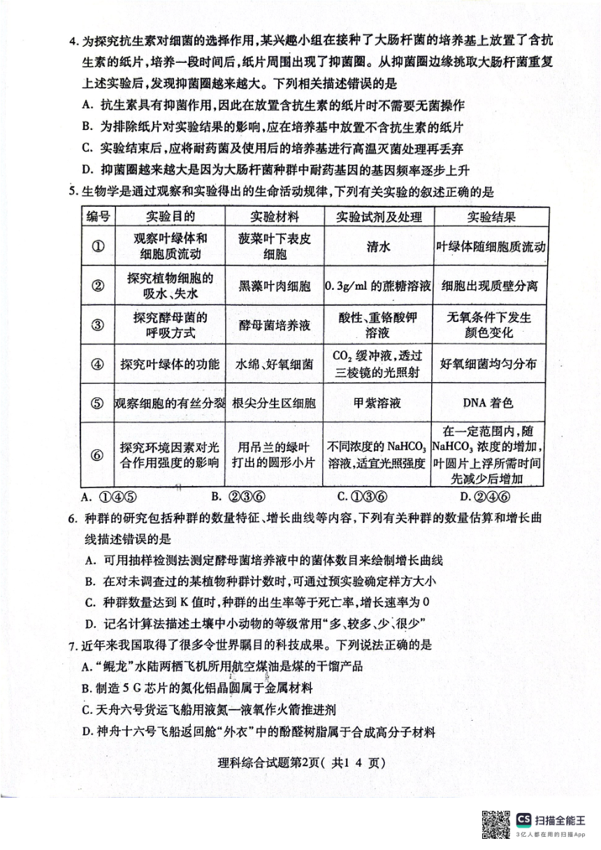 2024届山西省临汾市高三下学期适应性训练考试（三）理科综合试题（PDF版无答案）