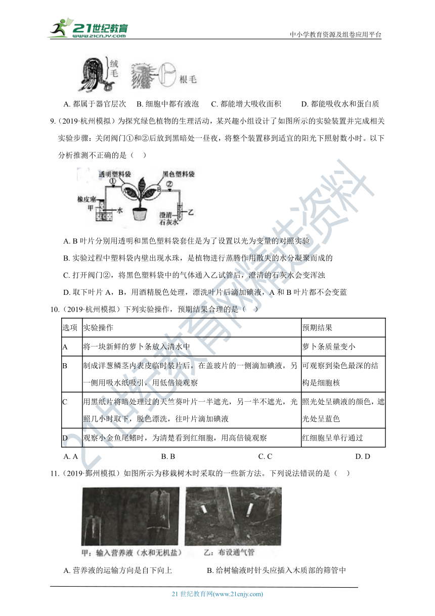 【备考中考2021】 04 中考三年模拟 植物的新陈代谢（含答案）