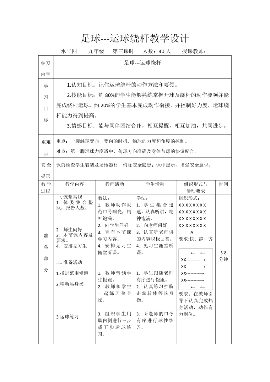 第三章　足球——足球运球绕杆教学设计（表格式） 人教版初中体育与健康九年级全一册