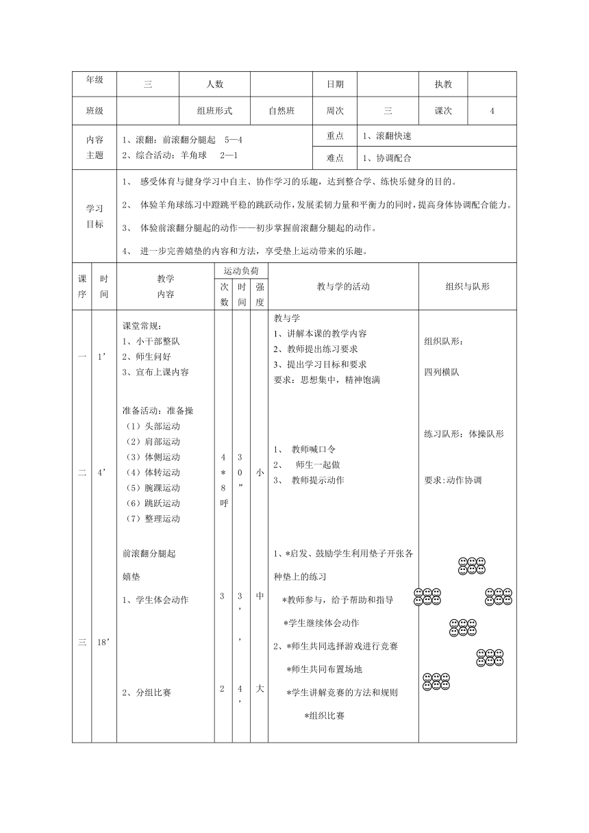 体育三年级下册 前滚翻分腿起 教案（表格式）