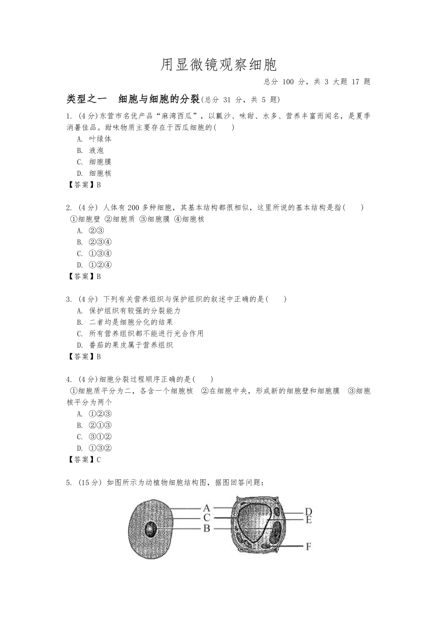 2.2《细胞》 练习（答案与试题未分开）