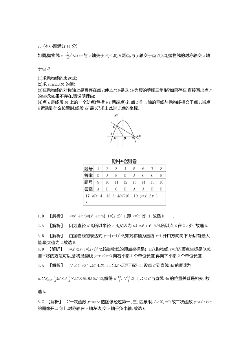 2020-2021学年冀教版九年级下册数学期中检测卷（word版含答案）