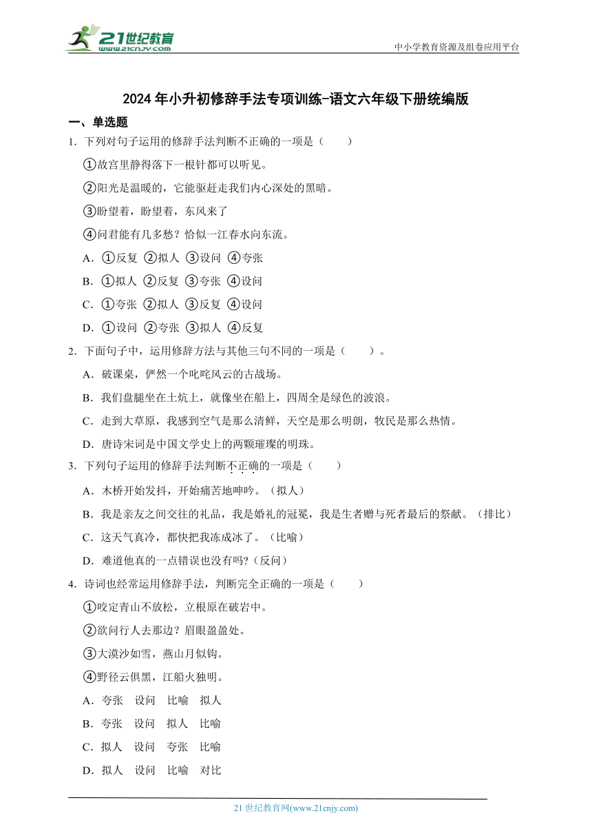 统编版语文六年级下册2024年小升初修辞手法专项训练（含答案）