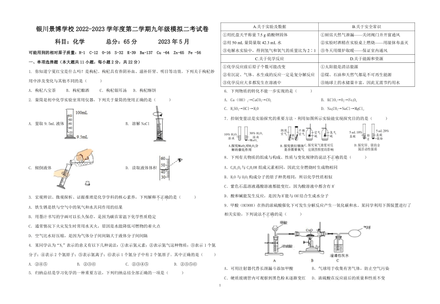 2023年宁夏银川市景博学校中考二模化学试题（图片版无答案）
