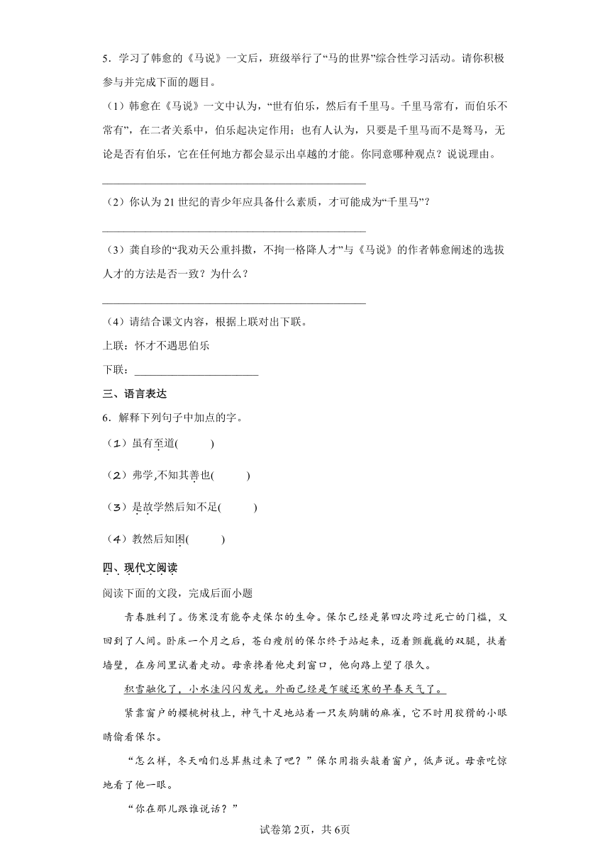 部编版语文八年级下册第六单元试题  单元基础练（含答案）