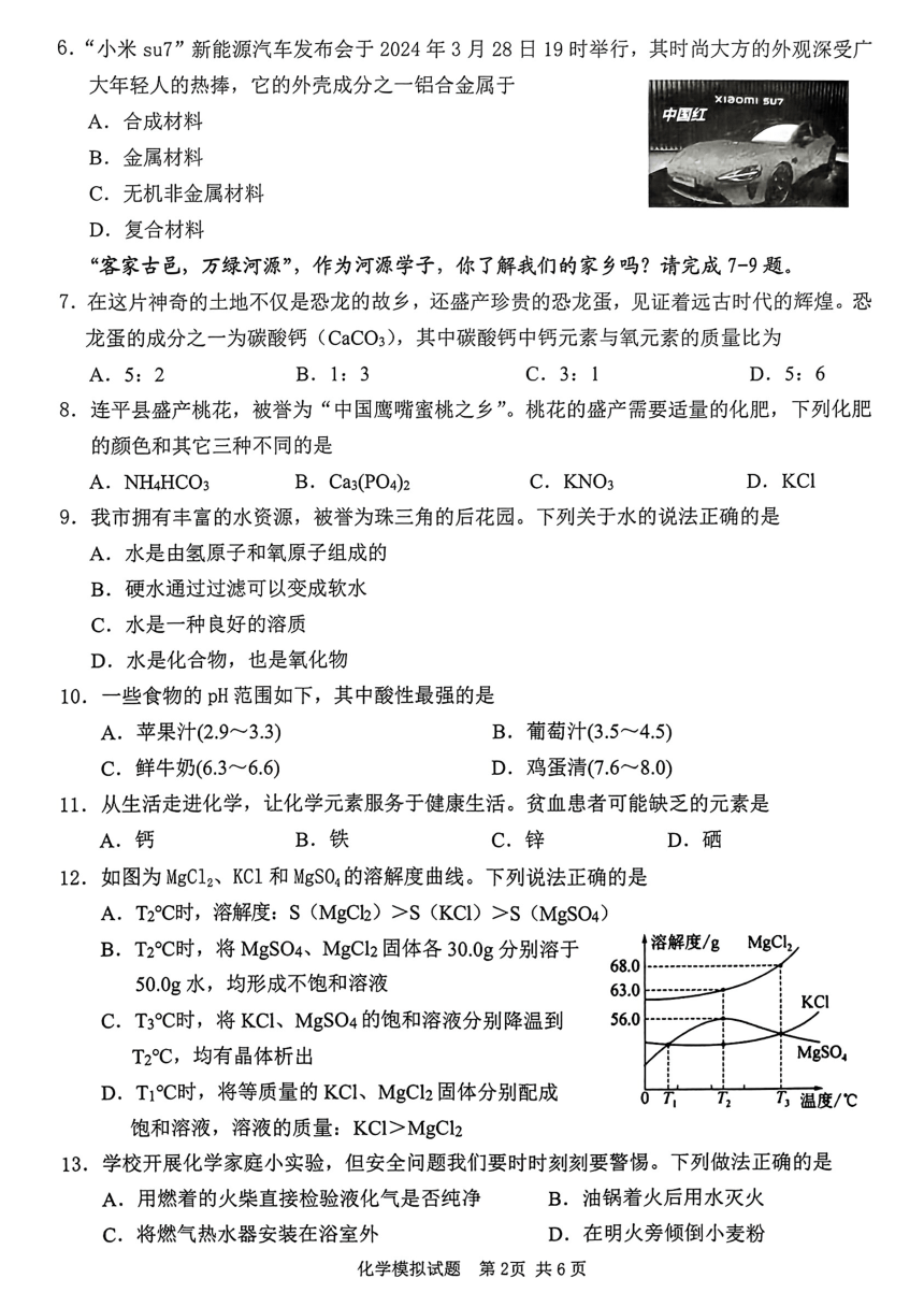 2024年广东省河源市初中学业水平模拟考试（一模）化学试题(PDF无答案）