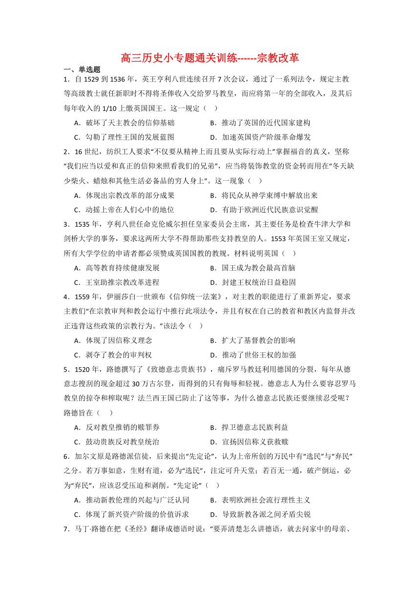 宗教改革 小专题通关训练  2024届高考统编版历史二轮复习（含解析）