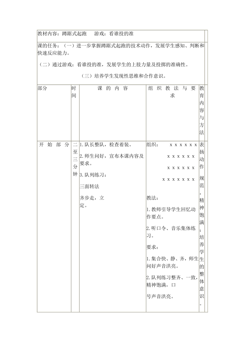 2021-2022学年人教版高中体育与健康全一册《蹲踞式起跑、游戏：看谁投的准》教案（表格式）