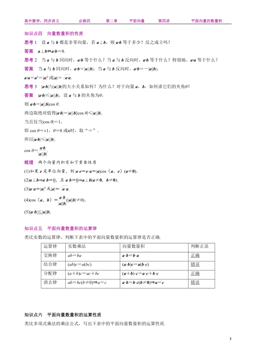 2.4 平面向量的数量积-人教A版高中数学必修四讲义（Word解析版）