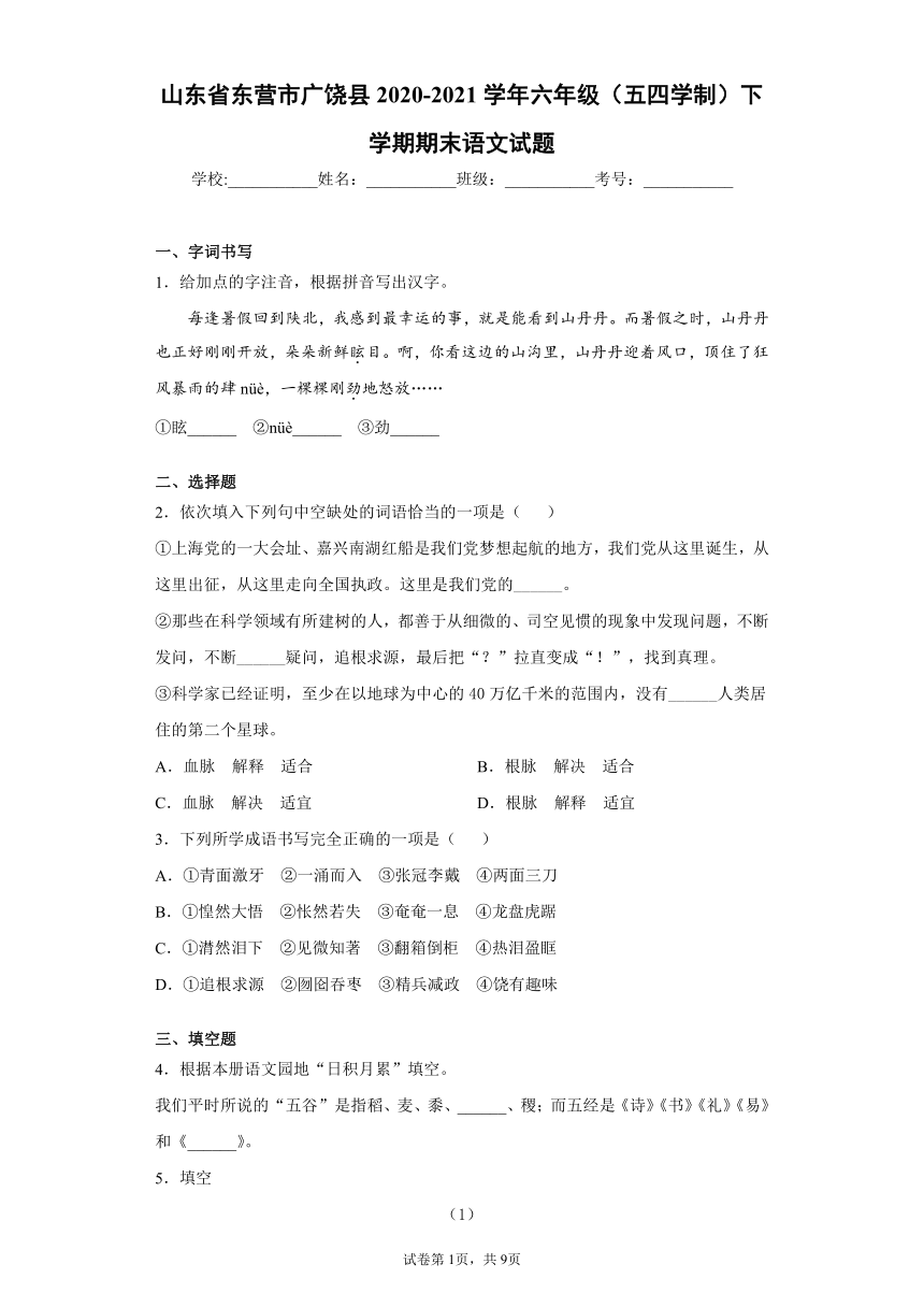 山东省东营市广饶县2020-2021学年六年级（五四学制）下学期期末语文试题(word版含答案)