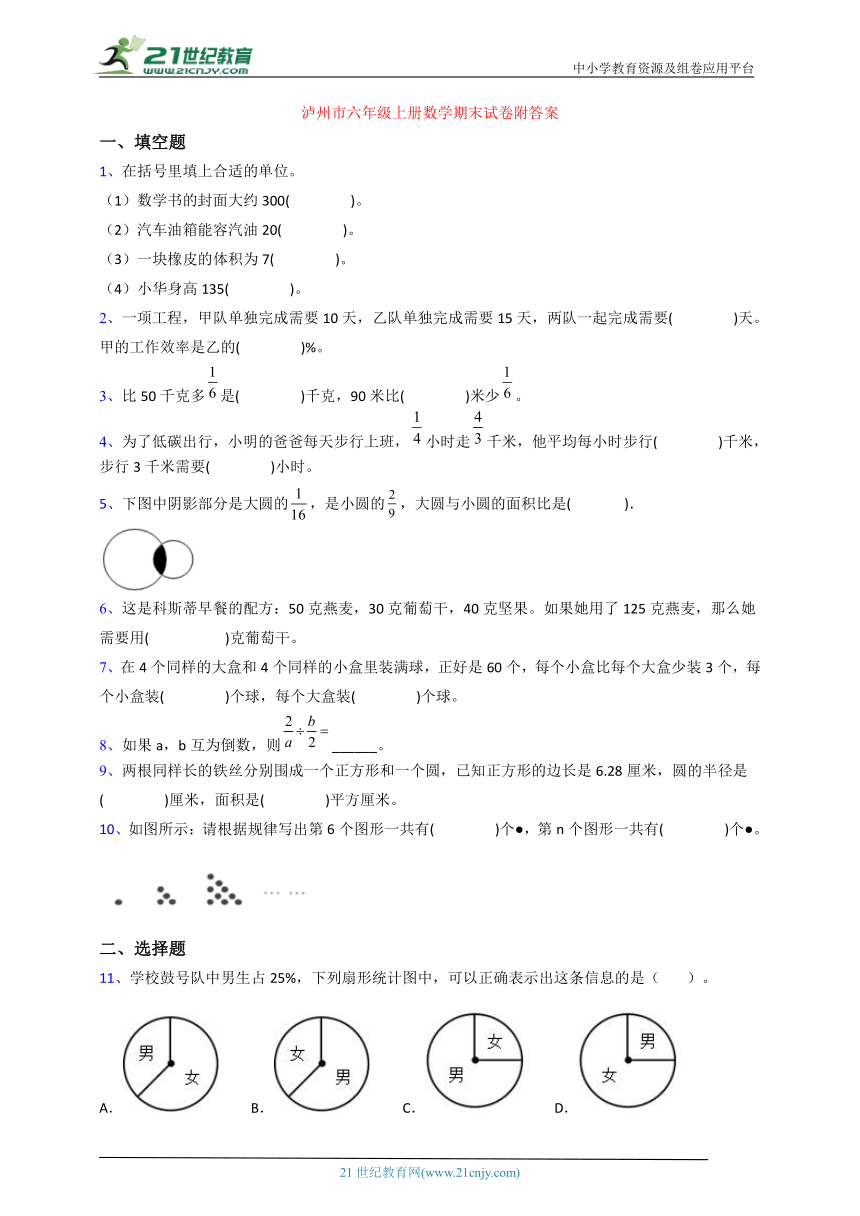 西师大版泸州市六年级上册数学期末练习卷2（含答案）