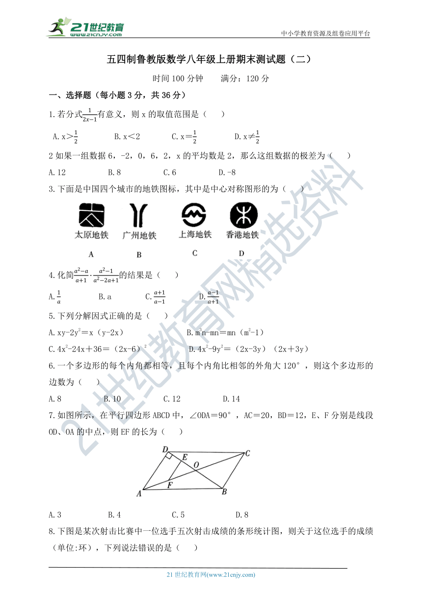 五四制鲁教版数学八年级上册 期末测试题（二）（含答案）